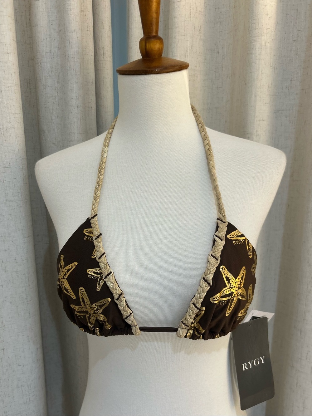 RYGY Starfish Metallic Braided Triangle Bikini Top Brown Gold Size XS NWT Beach
